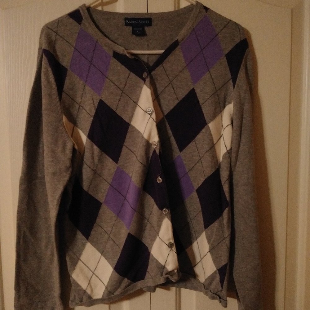 Karen Scott Argyle Crew Neck Sweater, size L